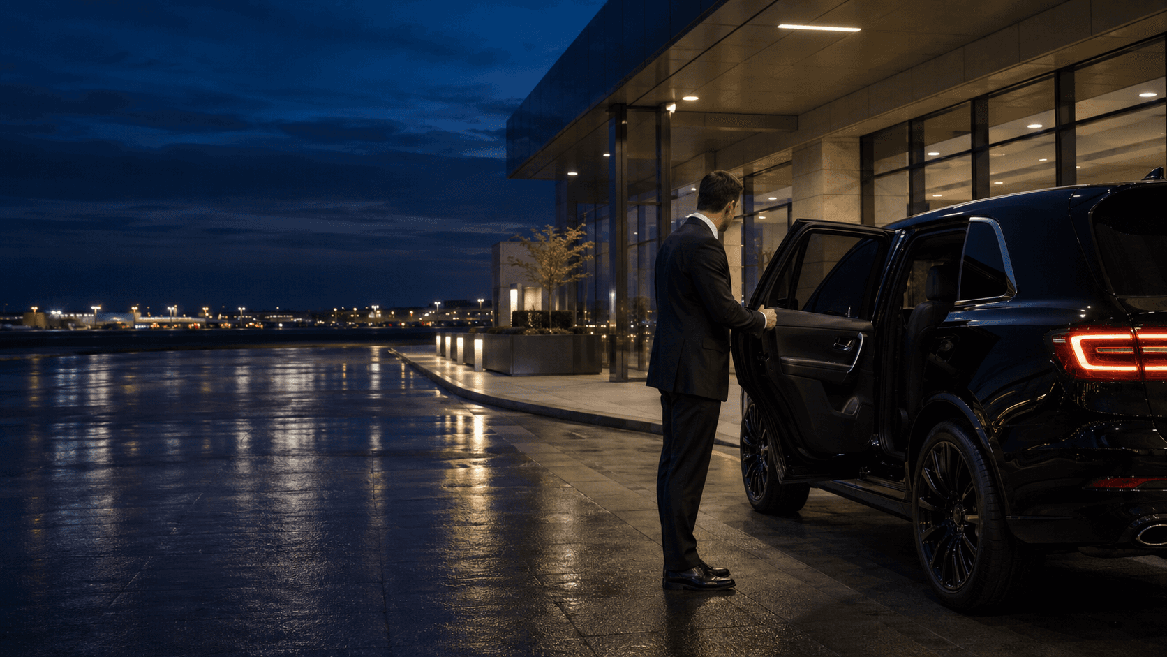 Professional chauffeur opening a black executive vehicle at an airport terminal